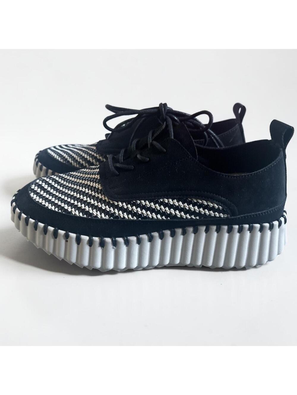 Bernie Mev Womens Leather Woven Lace Up Sneakers Black White Size 38 US 7.5